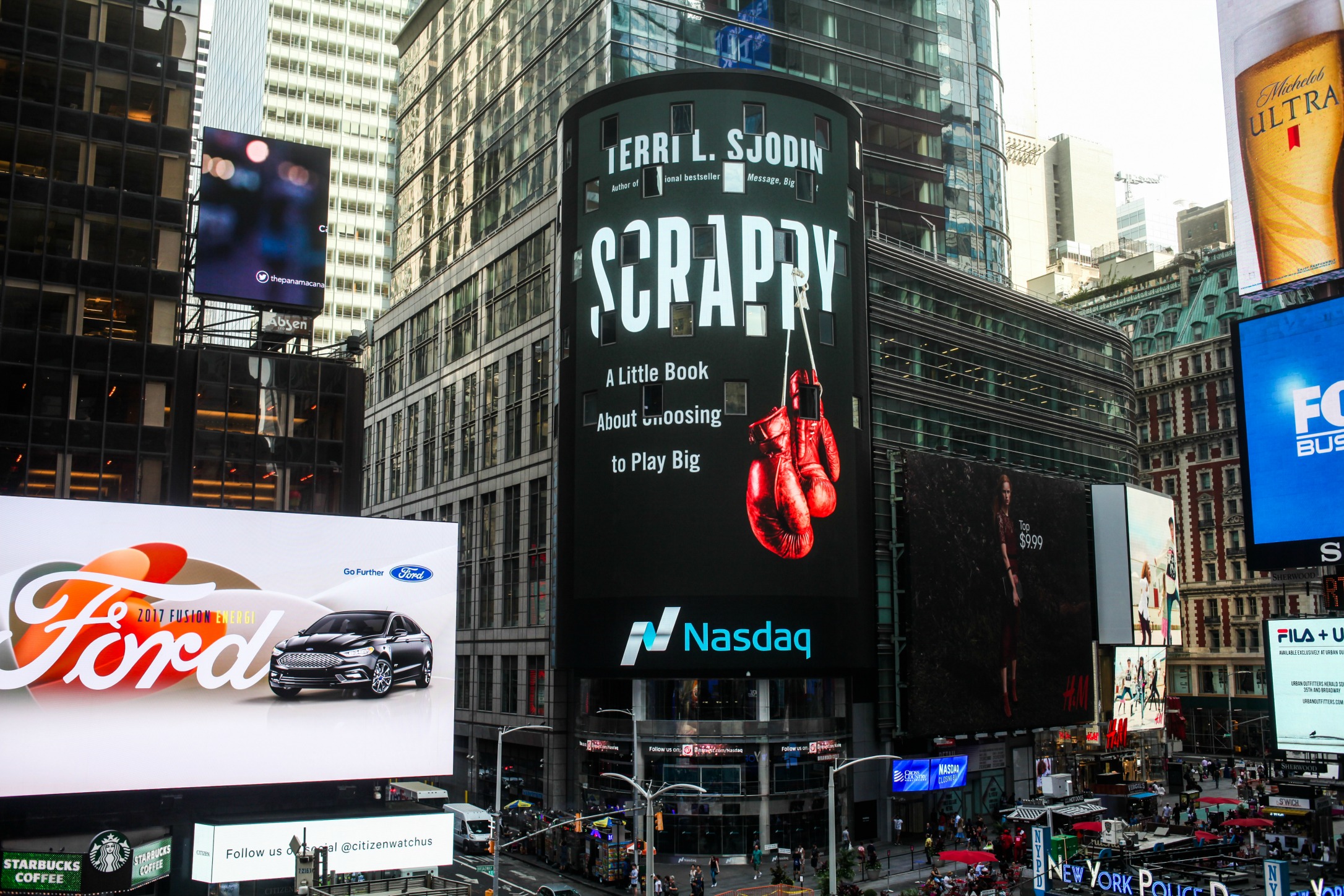 Scrappy Book Cover on the NASDAQ Screen in Time Square, NYC